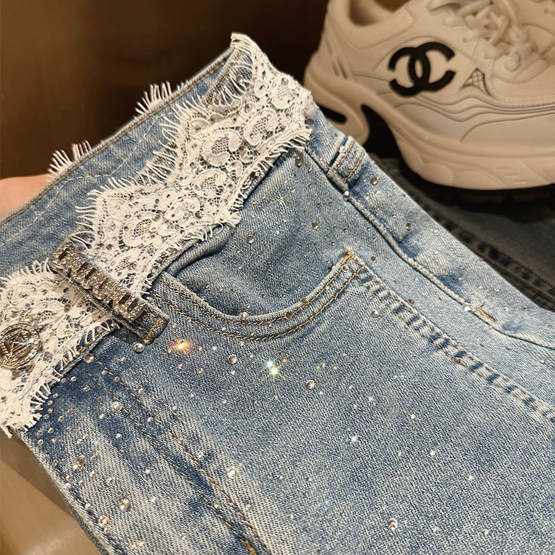 High Waist Rhinestone Split Slightly Flared Jeans - Front View