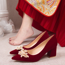 秋季婚鞋女粗跟2023新款新娘中式紅色加絨秀禾婚紗兩穿高跟不累腳