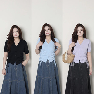 Nian Nian Li Xiaoshuai [Slimming] Plus-Size Women's Summer Drawstring Slimming V-Neck Short-Sleeve Knit Top