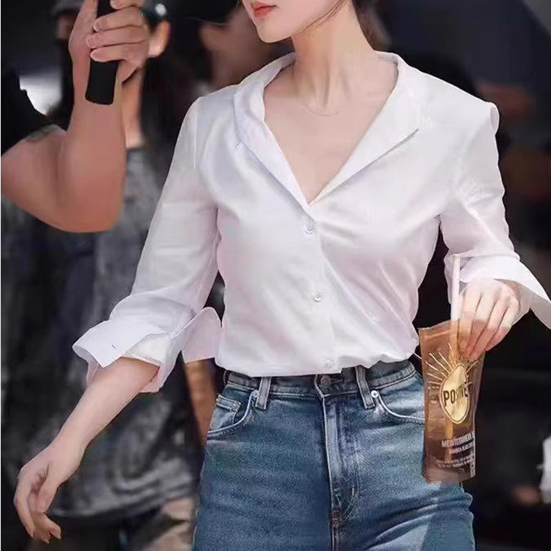 French Style High-End Top White V Neck Shirt for Women 2025 Autum Workplace Work Clothing Loose Shirt French Style High-End Top White V Neck Shirt for Women 2025 Autum Workplace Work Clothing Loose Shirt