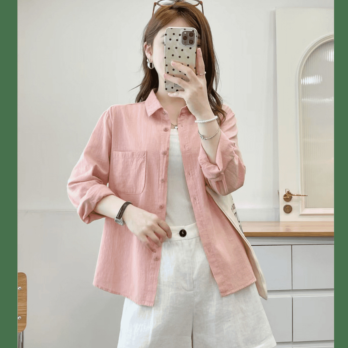 [100% Cotton Garment Washable] 2026 Summer New Korean Style Versatile Women's Long-Sleeved Pure Color Thin Shirt