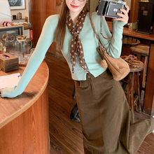 韩系绿色短款长袖针织衫女早秋修身薄款毛衣开衫单穿上衣