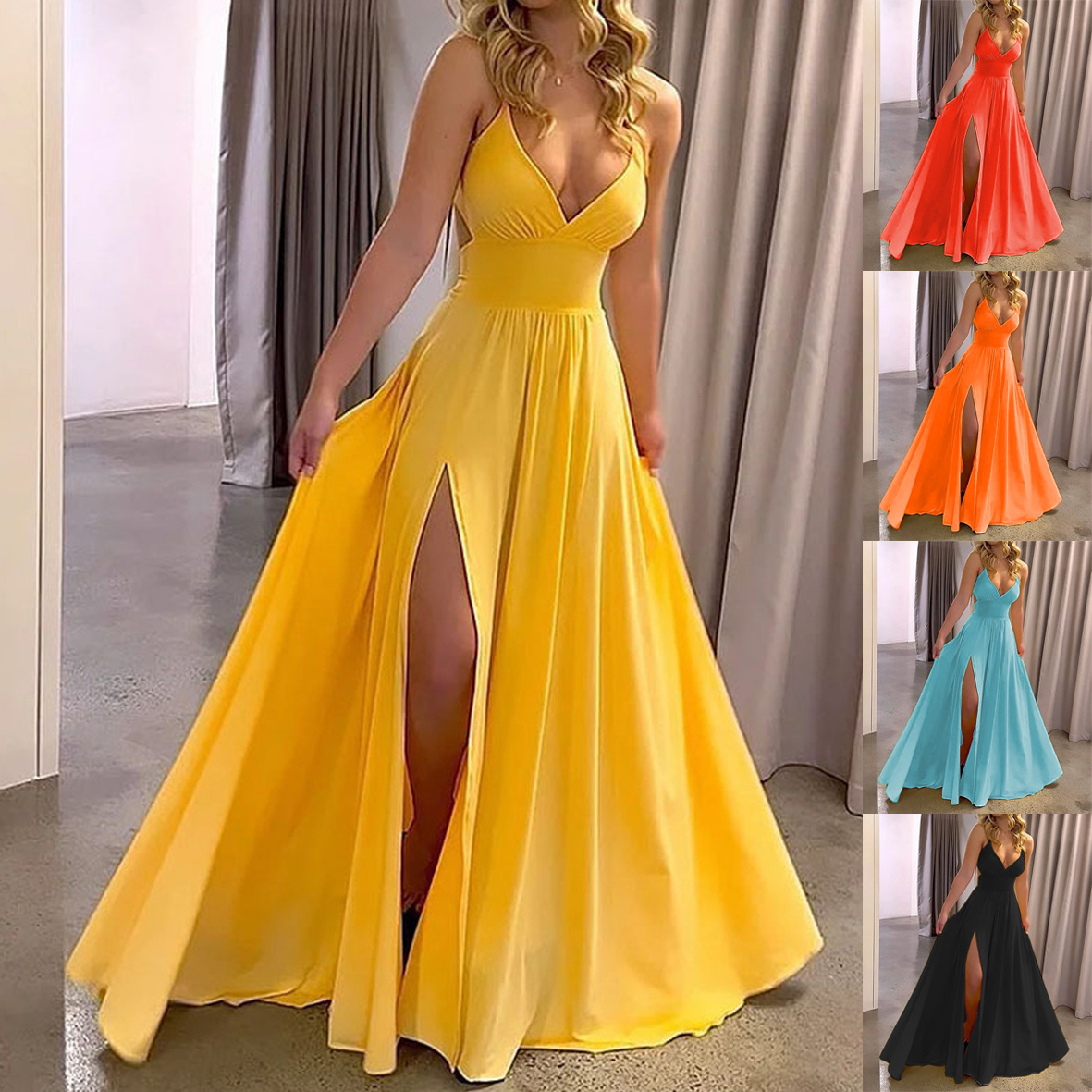 Cross-Border Amazon Fashion Export Women's Clothing 2025 Summer Suspender V Neck Leaky Back Lace-Up Slit Long Dress