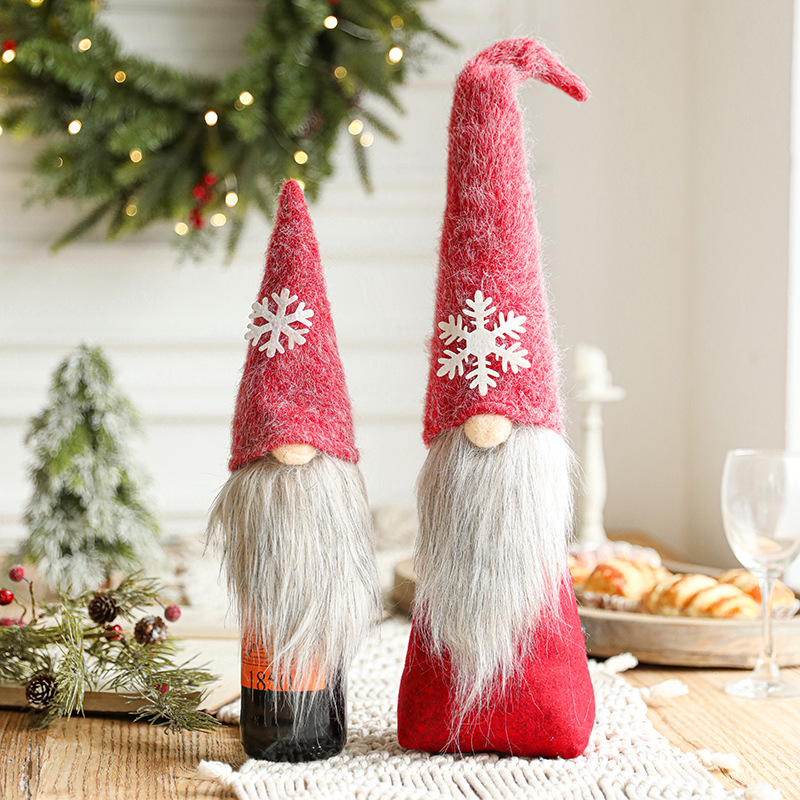 Botella de vino de Navidad cubierta de nieve de peluche largo sin cara vieja cubierta de botella de vino tinto Santa bolsas de vino decoración de Navidad