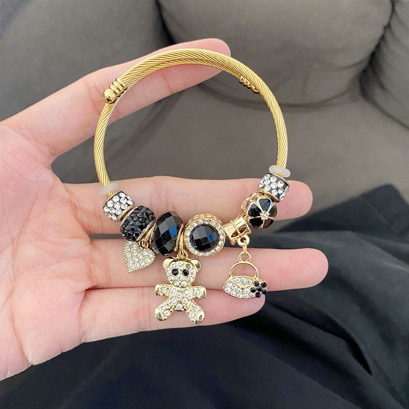 Pulsera de Acero Inoxidable Panjia Dora con Corazón y Oso, Pulsera Abierta con Cuentas para DIY, Joyería de Estilo Fresco, Éxito de Ventas en Amazon