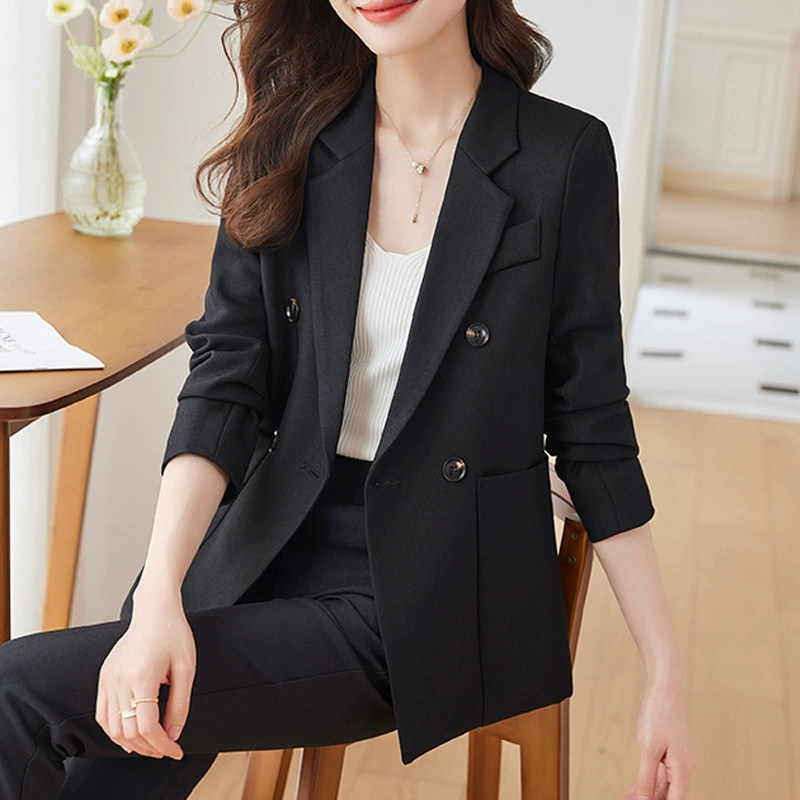 Classic women's demi-season suit set — blazer and trousers, brown, sizes S–4XL