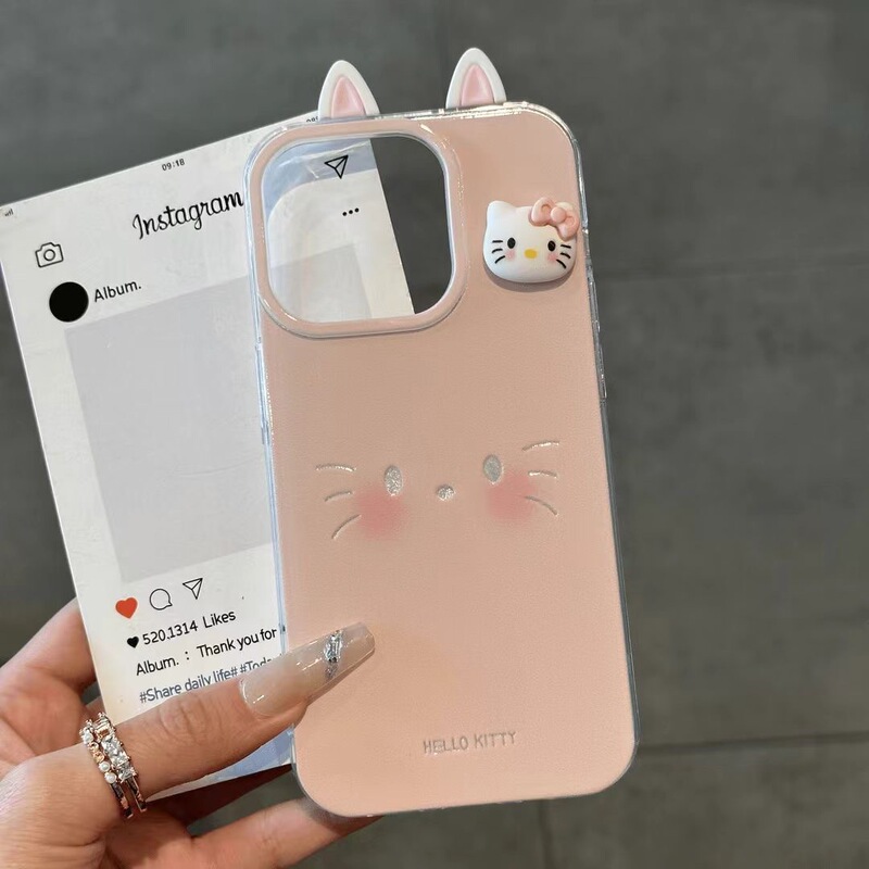 粉Kitty表情耳朵适用苹果16ProMax大孔手机壳vivo华为oppo小米15|undefined