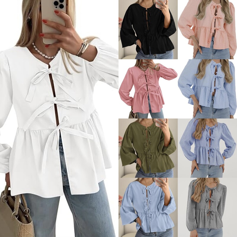 2026 Aliexpress Wish Amazon Hot-Selling Items Autumn Fashion Casual Front-Tie Tops Tie-Up Shirts for Women