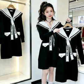 女童连衣裙春秋长袖学院新款秋季儿童公主裙中大童秋装海军风裙子