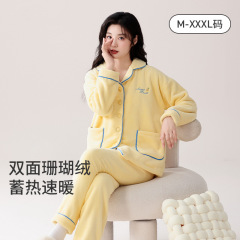 品牌同款法兰绒睡衣女秋冬加绒套装珊瑚绒甜美翻领冬季黄色家居服