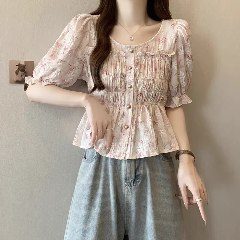 French Style Chanel Style Floral Short-sleeved Shirt Women's Summer chubby girl Belly Covering Tight Waist Bubble Sleeve Top