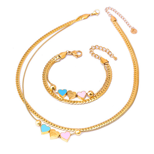 Titanium steel trendy three-pink blue love necklace double-layer snake bone chain peach heart bracelet three-dimensional geometric hand jewelry