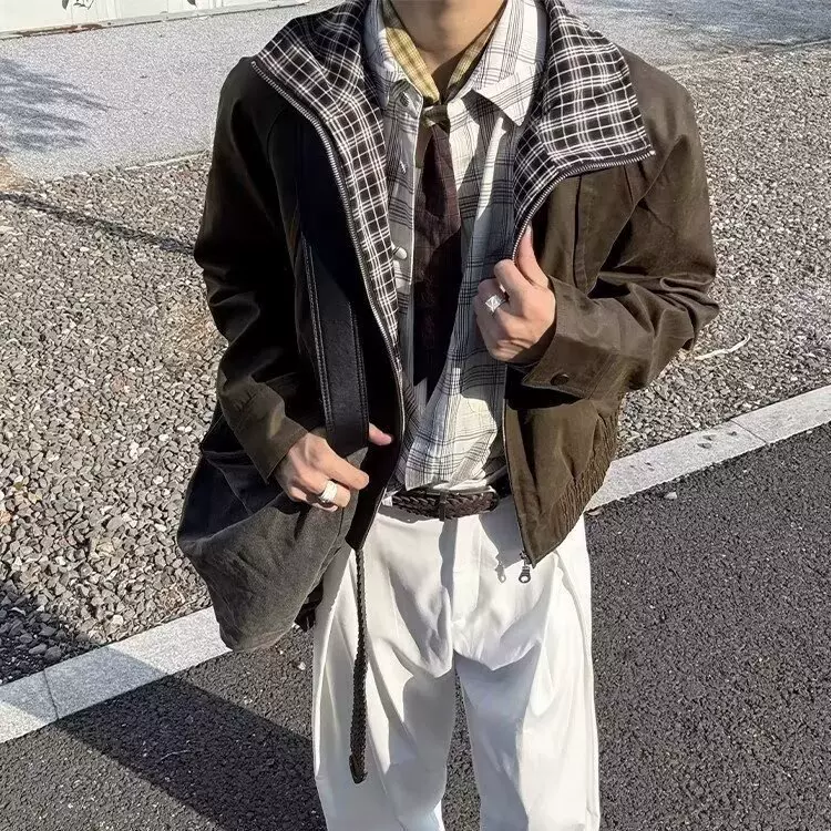 小众格纹拼接短款棕色外套男款冬季高级感cleanfit工装哈灵顿夹克
