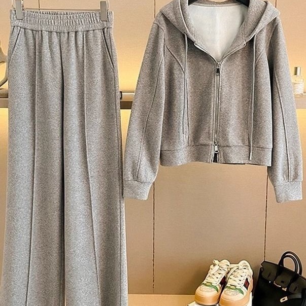加绒休闲运动套装女秋冬装2025新款宽松显瘦连帽卫衣阔腿裤两件套|undefined