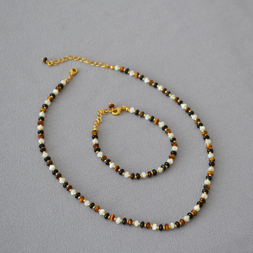 Murdered Western and European Blogger Style Tiger Eye Mother of Pearl and Black Onyx Bead Chain Necklace Clasp Chain Elegant Retro