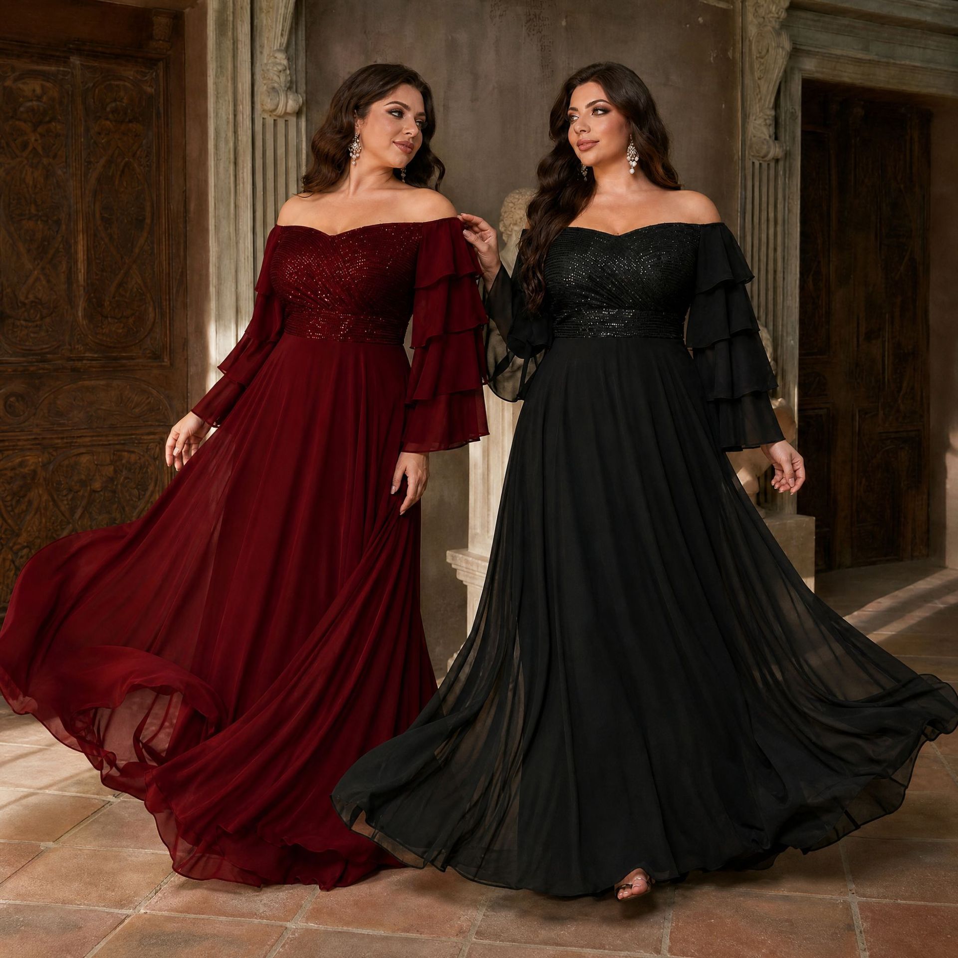 Plus-Size Elegant Sequin Bridesmaid Dress with Off-Shoulder Design, Chiffon Ruffles, Short Sleeves, Waist-Cinching A-Line, Light Formal Gown, Long Dress