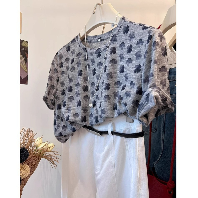 Ultra-Thin and Ultra-Soft Back Collar Small Iron Label Korean Four-Leaf Clover Printed and Dyed Soft Waxy Tencel Round Neck Loose Short-Sleeved T-Shirt for Women