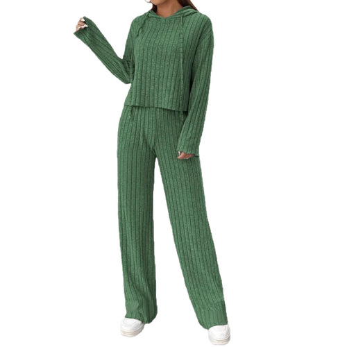 European and American Autumn/Winter Casual Knitted Long-Sleeved Set: Women's Hoodie with Drawstring and Loose-Fitting Pants—Two-Piece Set
