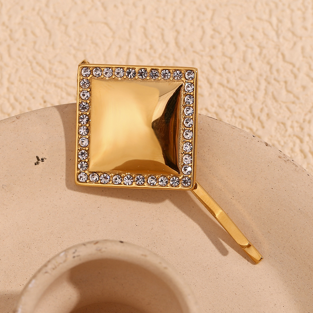 Unisex Mode einfache geometrische Design Haarschmuck Edelstahl vergoldet glatte quadratische Kante Diamant Haarnadel_voghion.com