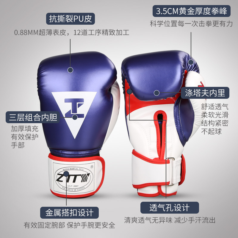 Guantes de boxeo ZTTY al por mayor nuevos guantes de boxeo PU gruesos de cuero brillante, competencia de entrenamiento para adultos y niños, guantes de boxeo, guardias de lucha
