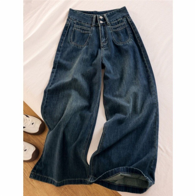 High-Waisted Double-Button Retro Straight-Leg Jeans for Women, Spring and Autumn New Style, Petite Wide-Leg Slimming Drape Floor-Length Pants