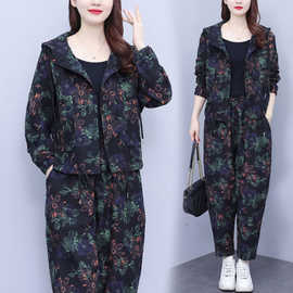 胖春秋遮肚休闲套装大码女装洋气短款外套遮肉宽松哈伦裤两件套