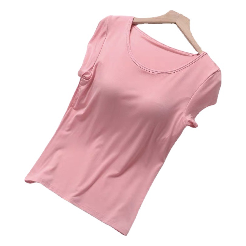 Women's Summer Modal Solid Color Padded T-Shirt, Short-Sleeved, Casual, Loose Fit, Plus Size, Breathable and Skin-Friendly, Can Be Worn Outside