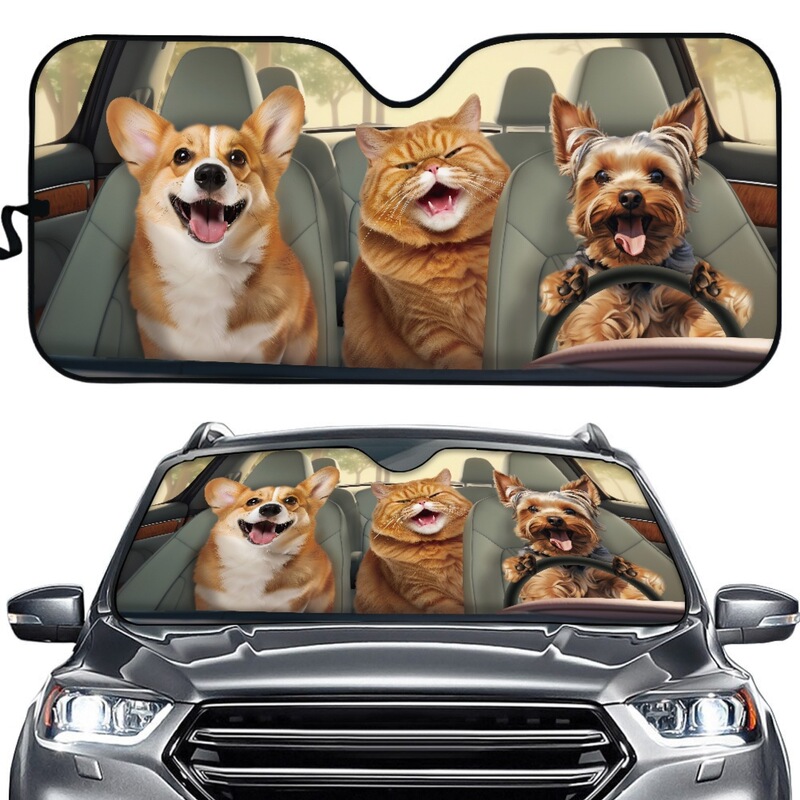 Self-built Station Cross-border Car Front Window Sun Protection Sunshade Funny Cat and Dog Printing UV Printing Shading Board with Picture Printing