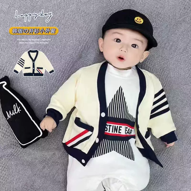 定制春秋新款纯棉洋气五角星长袖爬服婴幼儿连体衣+外套上衣开衫