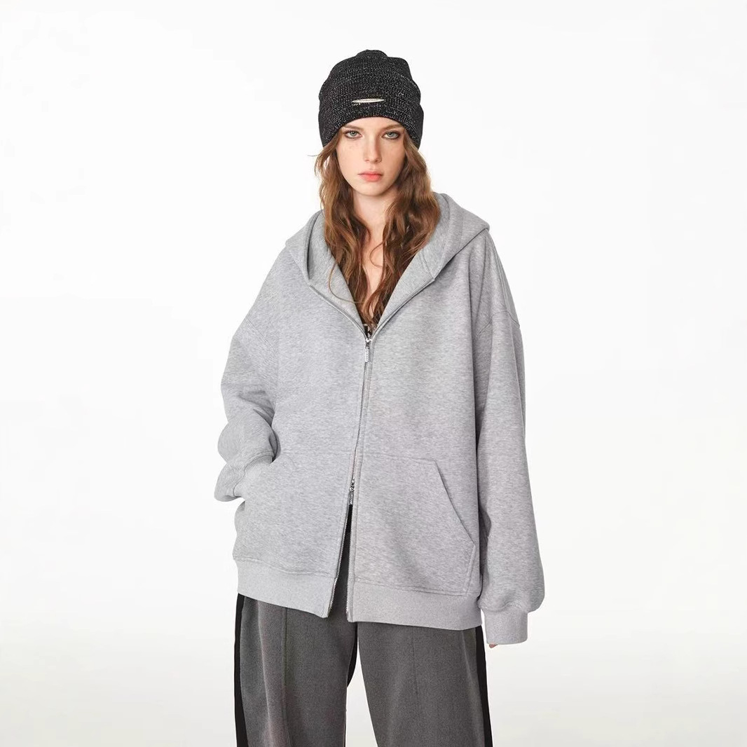 550g pesado chaqueta deportiva con capuzas hombre doble cremallera de color sólido chaqueta de tendencia suelta Europa otoño invierno nuevos productos