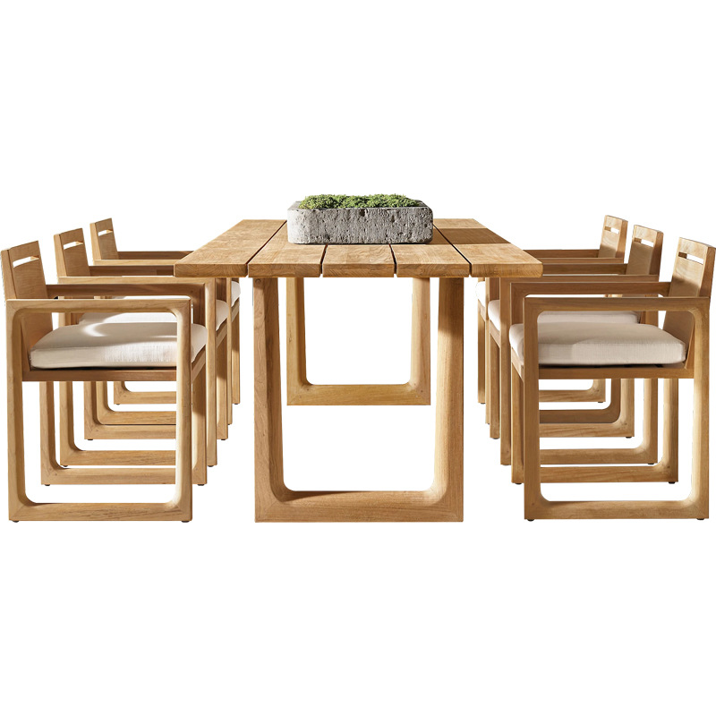 Patio al aire libre combinación de mesa y silla de teca Terraza de villa al aire libre mesa larga de madera maciza al aire libre impermeable y protector solar muebles de ocio
