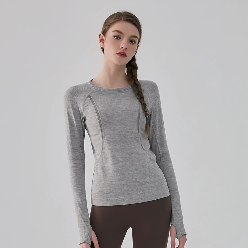 Demi-season fitted sports yoga clothing, long-sleeve for training for gym, round collar, for running