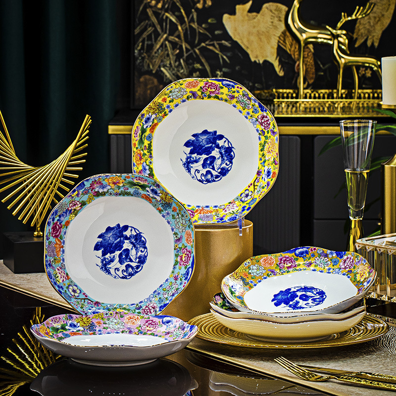 Jingdezhen Bone China Phnom Penh Color-fighting Ten Thousand Flowers Striving for Beauty 8-inch Flower-mouth Dish Household Chinese-style Household Dish Tableware Jingdezhen Bone China Phnom Penh Color-fighting Ten Thousand Flowers Striving for Beauty 8-inch Flower-mouth Dish Household Chinese-style Household Dish Tableware