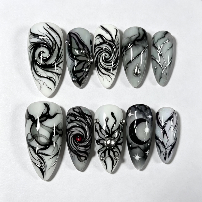 30 pieces of cross-border best-selling new almond-shaped press-on nails with dark swirl y2 style, gold foil and rhinestone embellishments, direct from the manufacturer 30 pieces of cross-border best-selling new almond-shaped press-on nails with dark swirl y2 style, gold foil and rhinestone embellishments, direct from the manufacturer