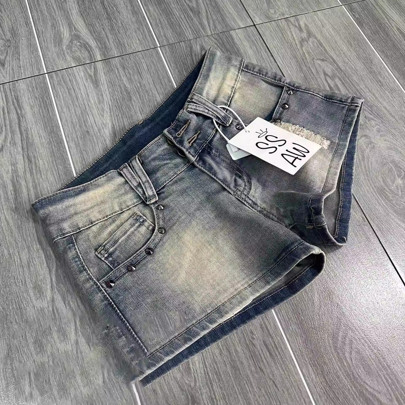 American Style Retro Sweet and Spicy Punk Rock Denim Shorts Women's Niche Low Waist Slim-fit Hip Slimming Hot Pants