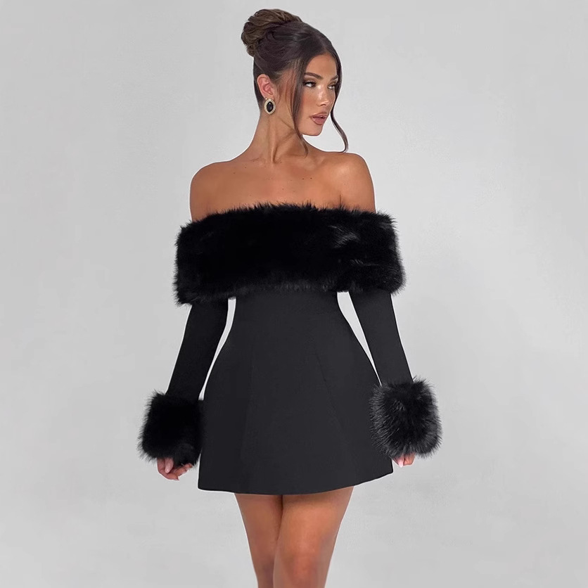 Europa y los Estados Unidos 2024 otoño y invierno nueva moda de mujer transfronteriza temperamento de moda sexy cuello de pelo hombro delgado vestido en forma de A