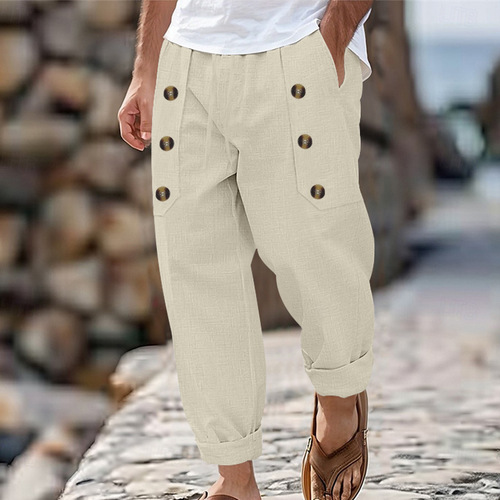 Best-selling cross-border independent station American casual Hawaiian beach men's casual multi-button cotton linen loose pants for men