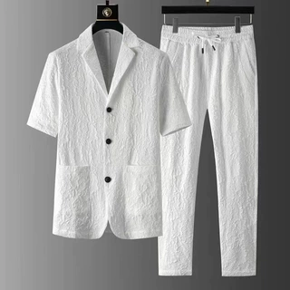 外贸2023夏季男士休闲短袖西服套装男式韩版修身帅气西装两件一套