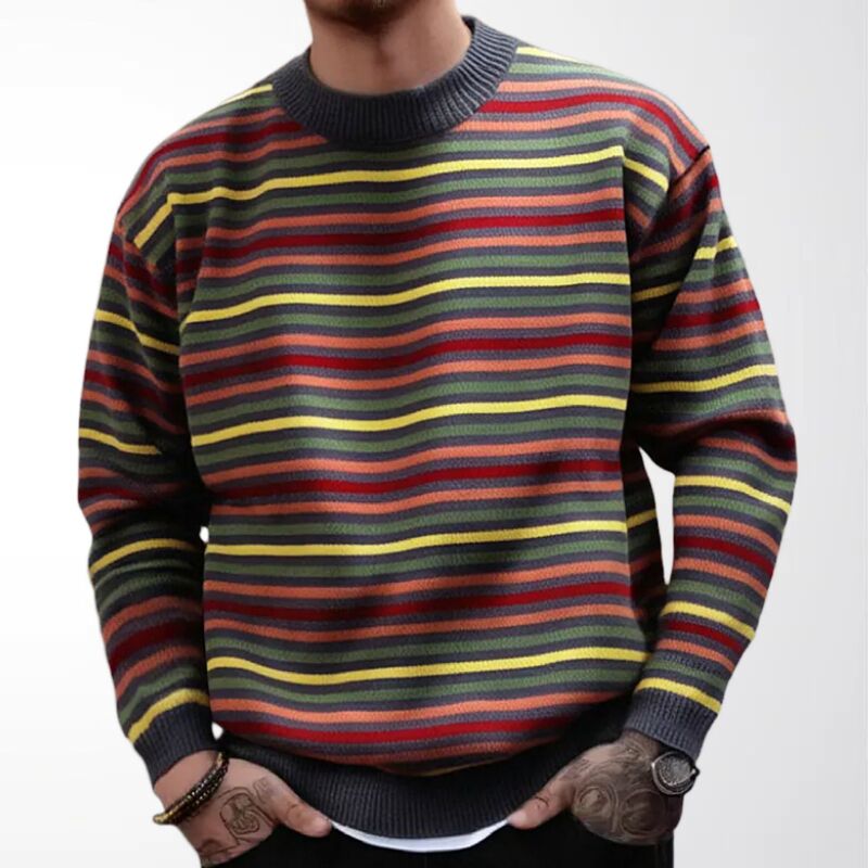 Autumn and Winter Men's Sweater American Retro Colorful Striped Jacquard Round Neck Pullover Knitwear Men's Clothing Sy0206 Autumn and Winter Men's Sweater American Retro Colorful Striped Jacquard Round Neck Pullover Knitwear Men's Clothing Sy0206
