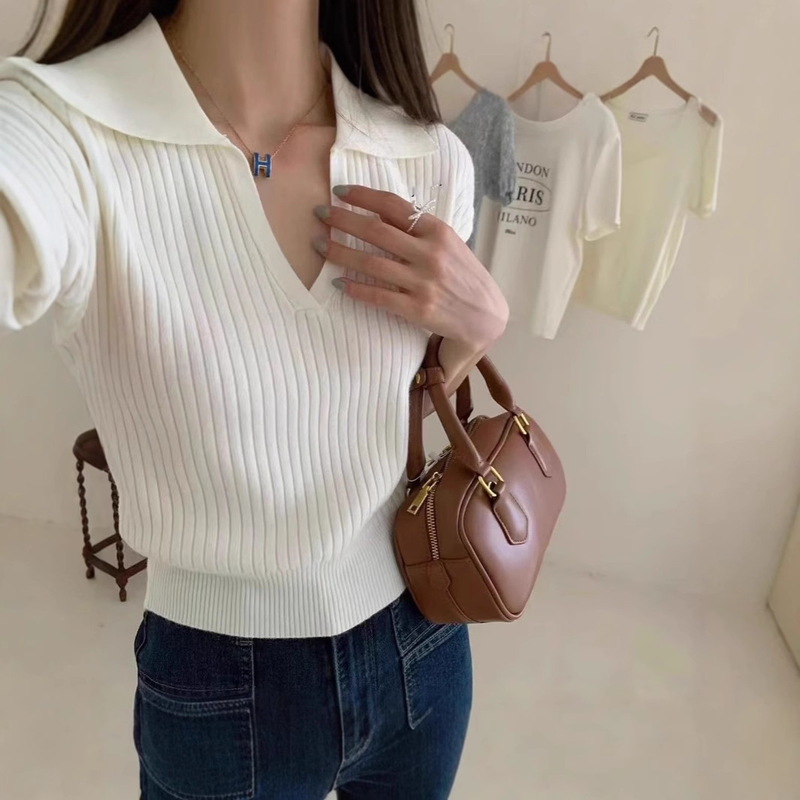 V-Neck Knitwear Women's Autumn and Winter New Polo Lapel Knitwear Gentle Girly Style Inner Long-Sleeved Bottoming Shirt Top