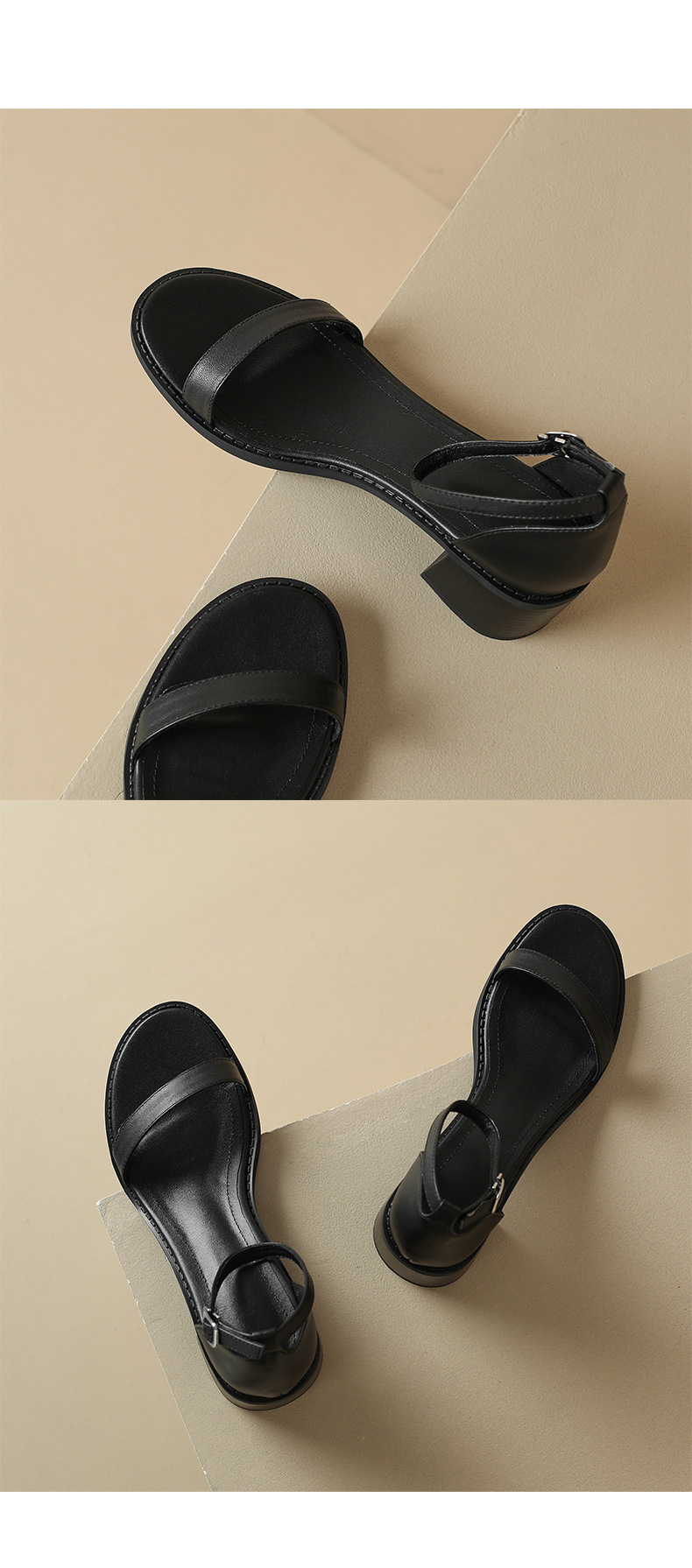 Sandal nữ hở mũi gót thô quai ngang khóa bấm — Màu Đen [da cừu] chi tiết 12