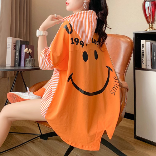 Striped Hooded Short-Sleeve T-Shirt for Women - Trendy Loose and Thin Design, 2025 Spring, Plus-Size, Design-Focused Splicing Top for Women