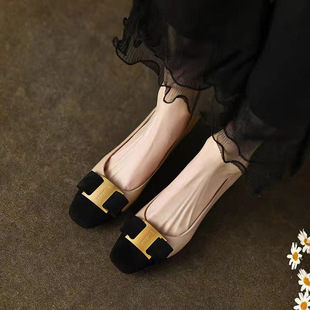 Korean Style Small Fragrant Color Matching Women's Shoes Thick Heel Square Toe Bow Shallow Mouth Single Shoes Low Heel Shoes All Year Round Shoes Lady Beige