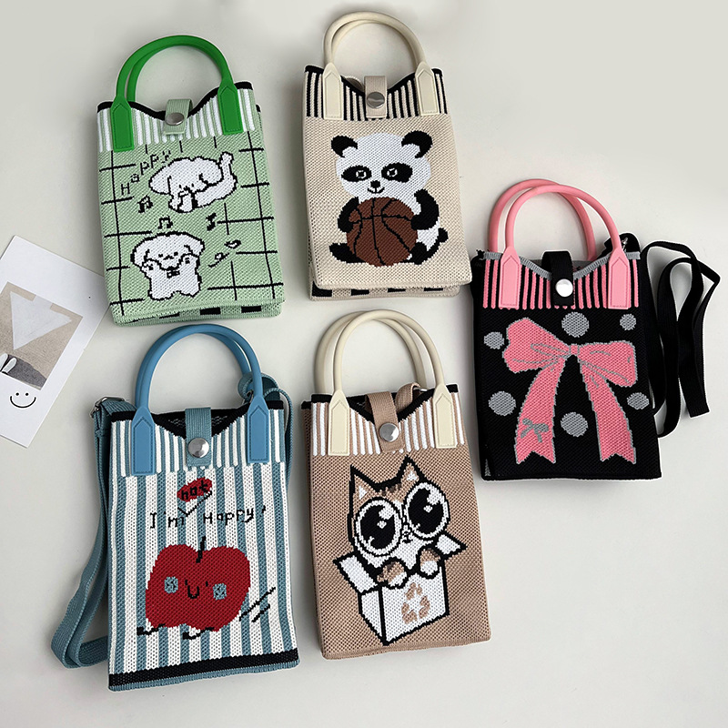 Bolsa de mochila, nicho de diseño, lindo bolso de teléfono móvil, gato de dibujos animados bolso de punto, bolso de mano, mini bolso de hombro de punto