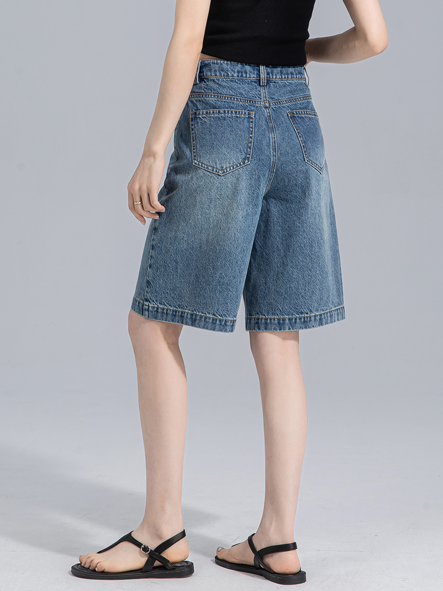 Quần short denim ống rộng cạp cao Xingge dáng suông mùa hè — Màu xanh lam
