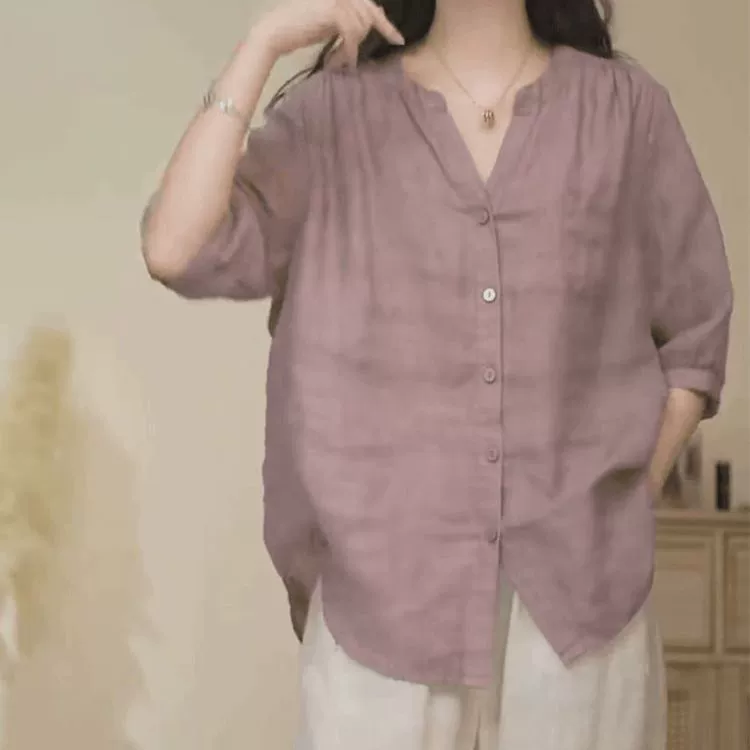 Летняя однотонная рубашка, plus size, оверсайз, V-образный вырез, западный стиль