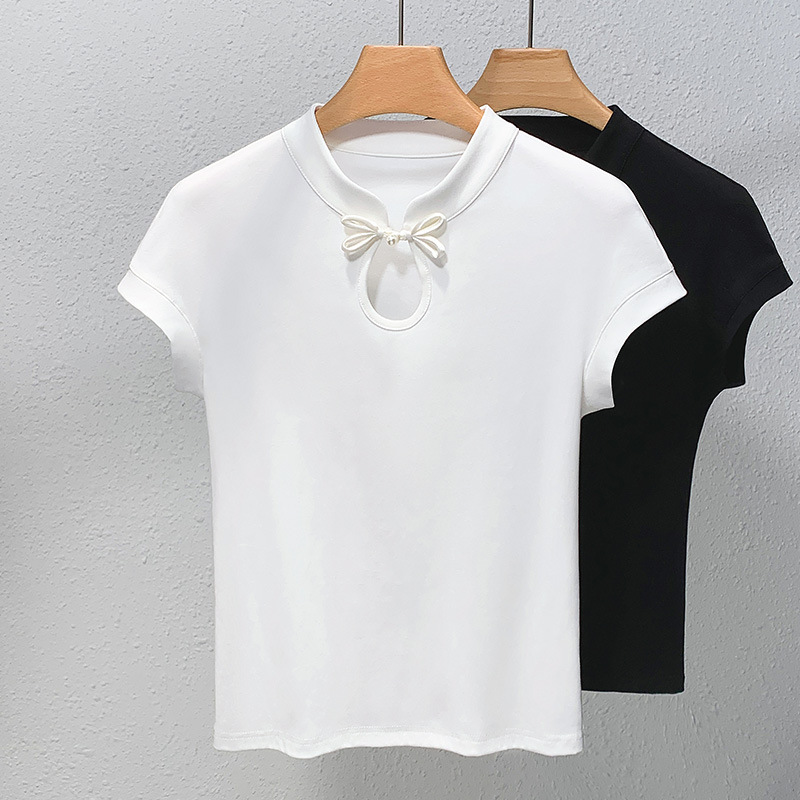 Camiseta de manga corta de cuello vertical para mujeres verano 2025 nueva camiseta de algodón de manga de color sólido de estilo chino nueva camiseta de hebilla de estilo chino