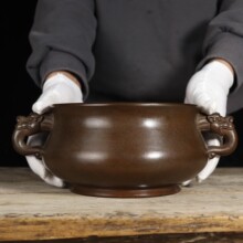 苏工纯铜双龙耳炉双龙耳圈足炉仿古盘香炉线香檀香炉佛堂供奉摆件