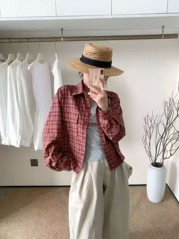 韩系复古美式格子衬衫女2025初秋新款小众字母印花吊带上衣两件套|undefined