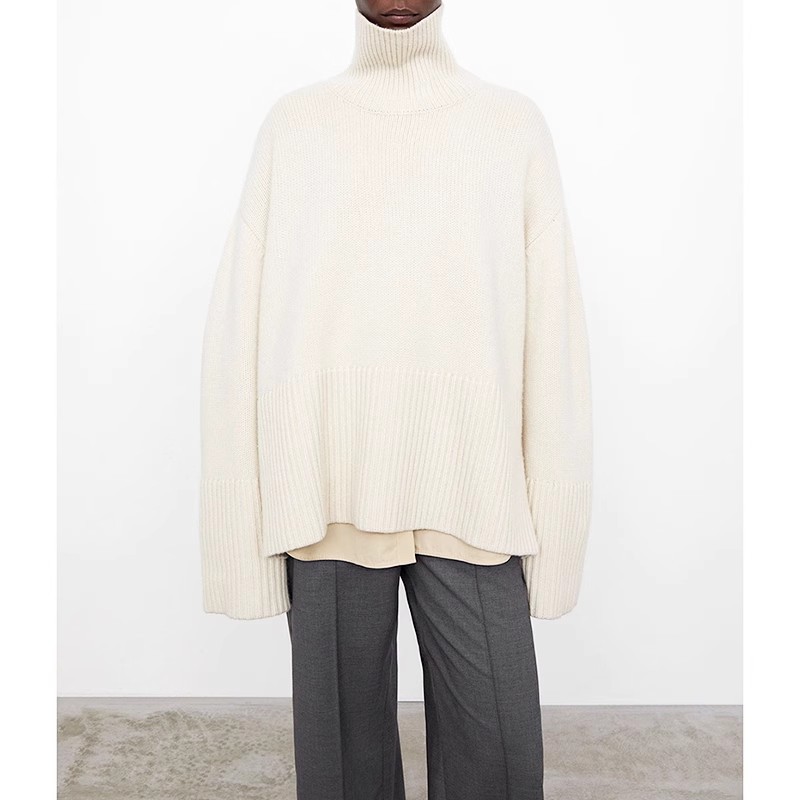 TT裾オープンフォークタートルネックカシミヤセーターレディースゆるい長袖前ショートバックロングニット上着冬新作